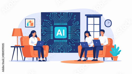 People work at home with laptops in front of an AI circuit board image