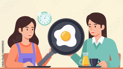 Two smiling women share a fried egg cooked in a pan during breakfast