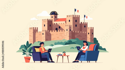 Two people sit in chairs with laptops before a castle