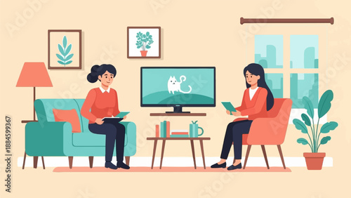 Two women sitting in a living room, one on a sofa, the other in a chair, both looking at tablets