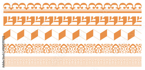 Border style seamless frames isolated on white background. Mexican aztec border patterns with ethnic tribal geometric ornaments. Greek style geometric seamless frames isolated. 