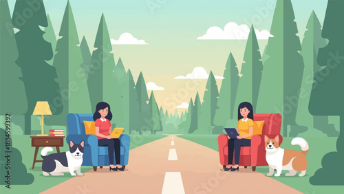 Women in armchairs with laptops and dogs by a forest road