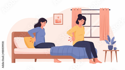 Two women sit on a bed and bench, both holding their lower backs in pain