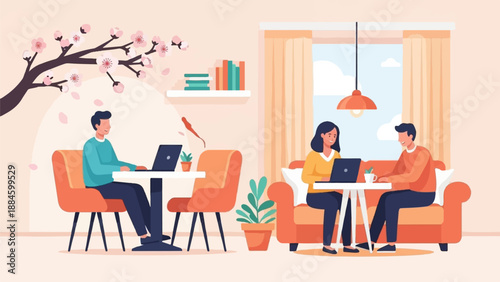 People working on laptops in a cozy room with cherry blossoms