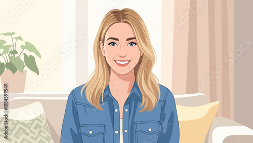 Woman with blonde hair smiling in a blue denim shirt on a sofa