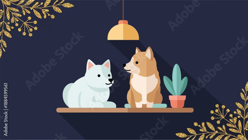 Two dogs and a plant on a shelf with decorative elements