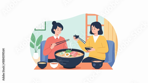 Two women enjoying a steaming bowl of ramen noodles together at a table
