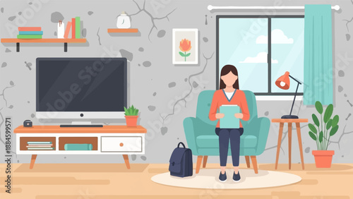 Woman sitting in armchair holding a folder, room interior