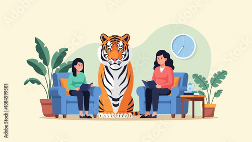 Two women relax and read books on sofas with a tiger observing them