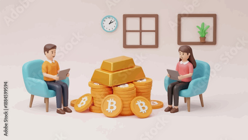 Two people sit in armchairs surrounding piles of gold bars and cryptocurrency coins