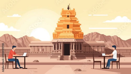 Two people working on laptops in front of an ancient temple