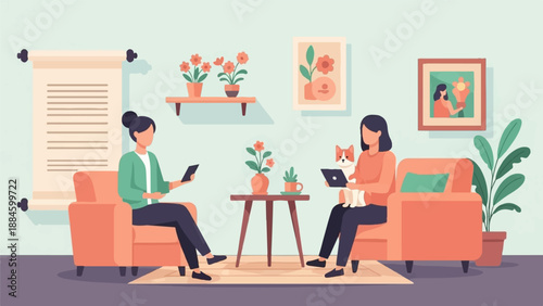 Two women relax in a living room with a dog, plants, and artwork