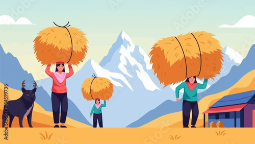 Mountain harvest people carrying hay bales with snow-capped peaks