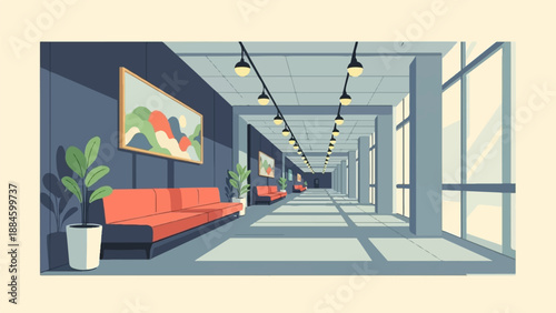 Pixel art hallway with sofas, plants, art, and lights