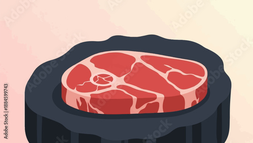 Raw steak on a dark grill, illustrated with muted tones