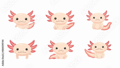 Six cute, pink, cartoon axolotls with feathery gills in various poses