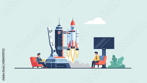 Rocket launch sequence in progress as two individuals observe from seating