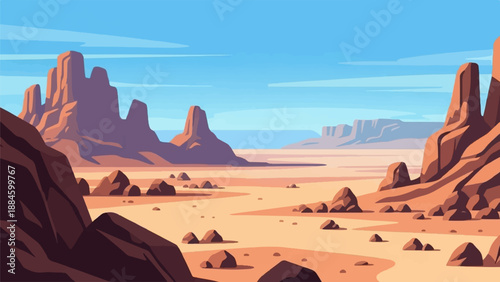 Stylized desert landscape with mesas under a bright blue sky