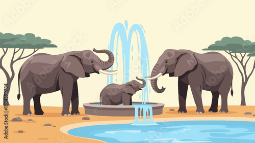 Three elephants, two adults and a baby, play in a fountain and pool