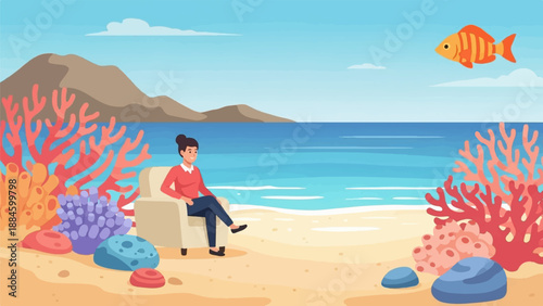 Woman relaxing on beach chair observing an orange fish swimming in blue ocean