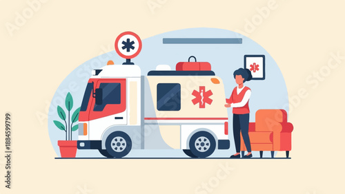 Stylized illustration of an ambulance, a person, and a couch