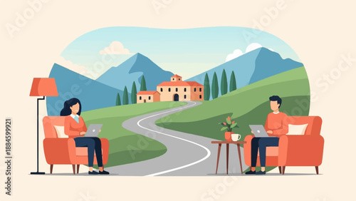 Two people working on laptops on comfortable chairs in a scenic countryside setting