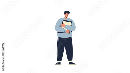 Man Holding Folders, Casual Outfit, White Background Illustration
