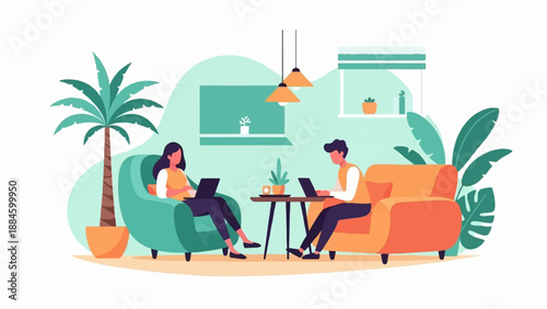 Two people work on laptops in comfortable chairs in a bright, modern room