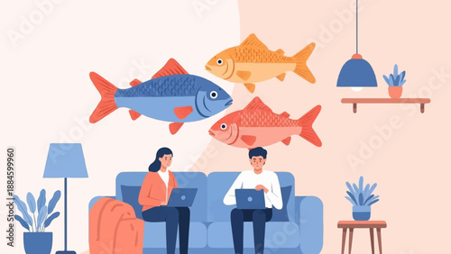 Three colorful fish swim above two people working on laptops on a sofa