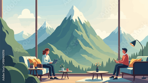 Two people relax in a modern home with a stunning mountain view