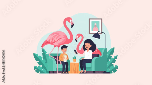 Woman and child interact with pink flamingos in a living room