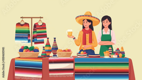 Two women at a colorful market stall selling woven goods and drinks