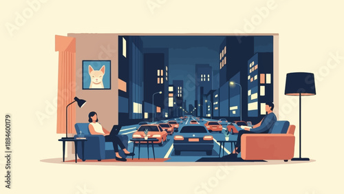 People relax indoors watching a city traffic jam through a window