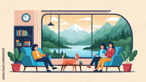 People relaxing indoors with a beautiful mountain and lake view