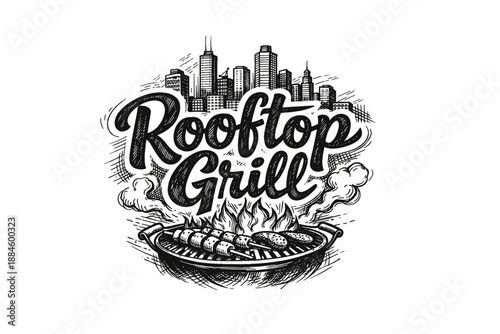 Rooftop Grill hand-drawn lettering with city skyline and barbecue illustration