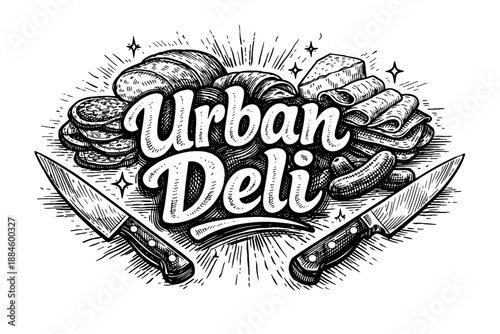Urban Deli logo with fresh ingredients and knives, hand-drawn style