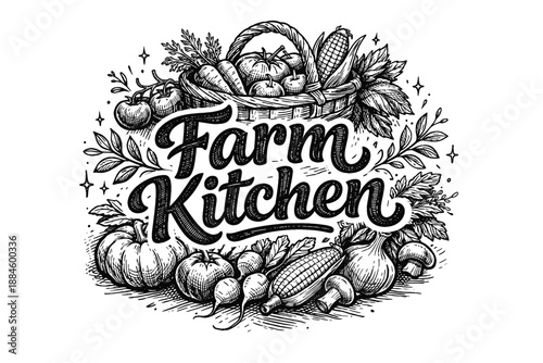 Farm Kitchen hand-drawn lettering with fresh vegetables and basket illustration