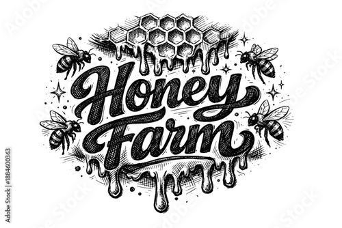 Hand-drawn "Honey Farm" logo with bees and honeycomb illustration