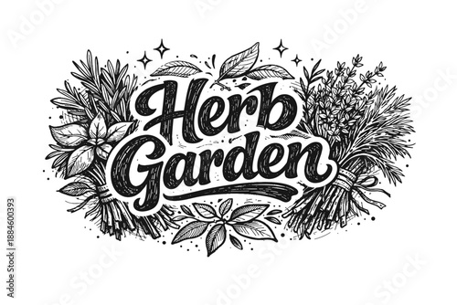Hand-drawn "Herb Garden" lettering with botanical illustrations and sparkling accents
