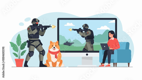 Woman watches soldier game on screen with dog and plant nearby