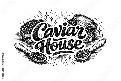Elegant hand-drawn illustration of Caviar House with spoons and tins filled with black caviar