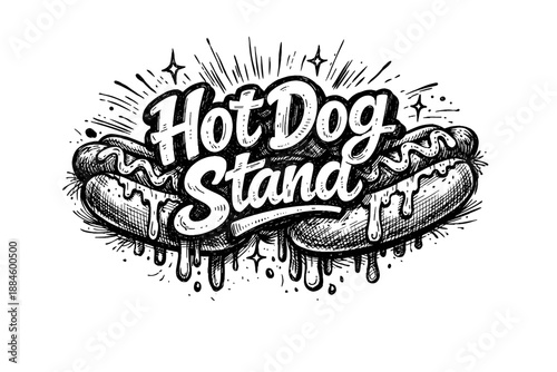 Hand-drawn hot dog stand logo with dripping mustard and ketchup in a sketch style