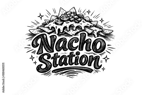 Nacho Station hand-drawn logo with delicious nachos and cheese, perfect for food businesses