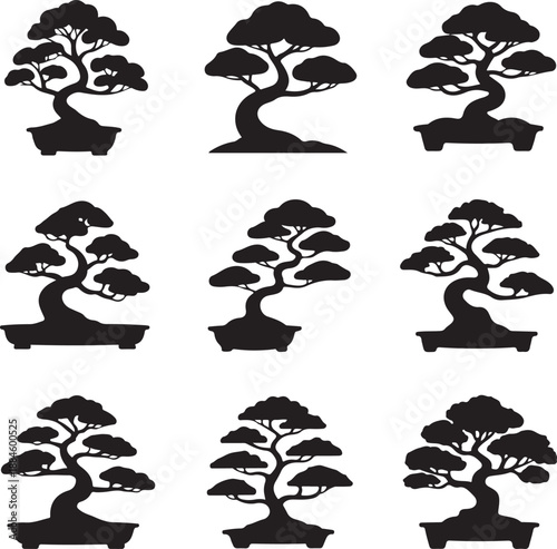 bonsai tree silhouettes in various shapes and sizes on white background