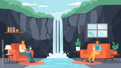 Two people and their dogs relax indoors with a serene waterfall backdrop