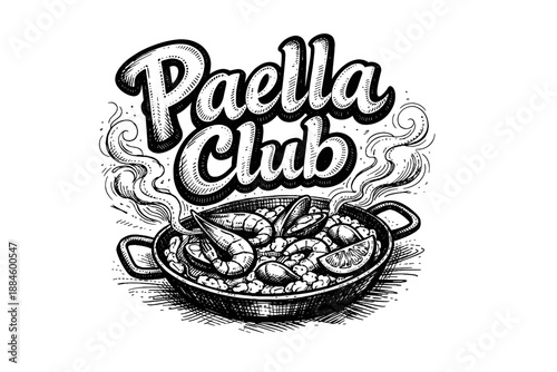 Hand-drawn illustration of a steaming paella dish with "Paella Club" text above