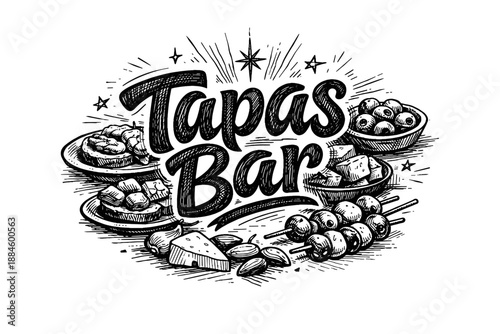 Tapas Bar hand-drawn illustration with small plates of food and drinks
