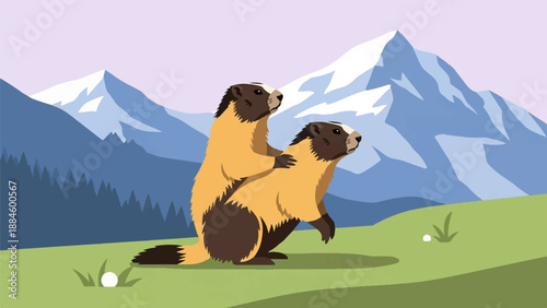 Two yellow-bellied marmots standing on a grassy hill below snow-capped mountains