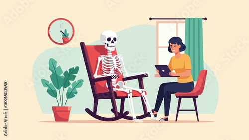 Woman with laptop sits near skeleton in rocking chair indoors