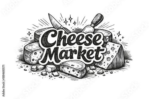 Hand-drawn "Cheese Market" logo with cheese wedges and knives in sketch style